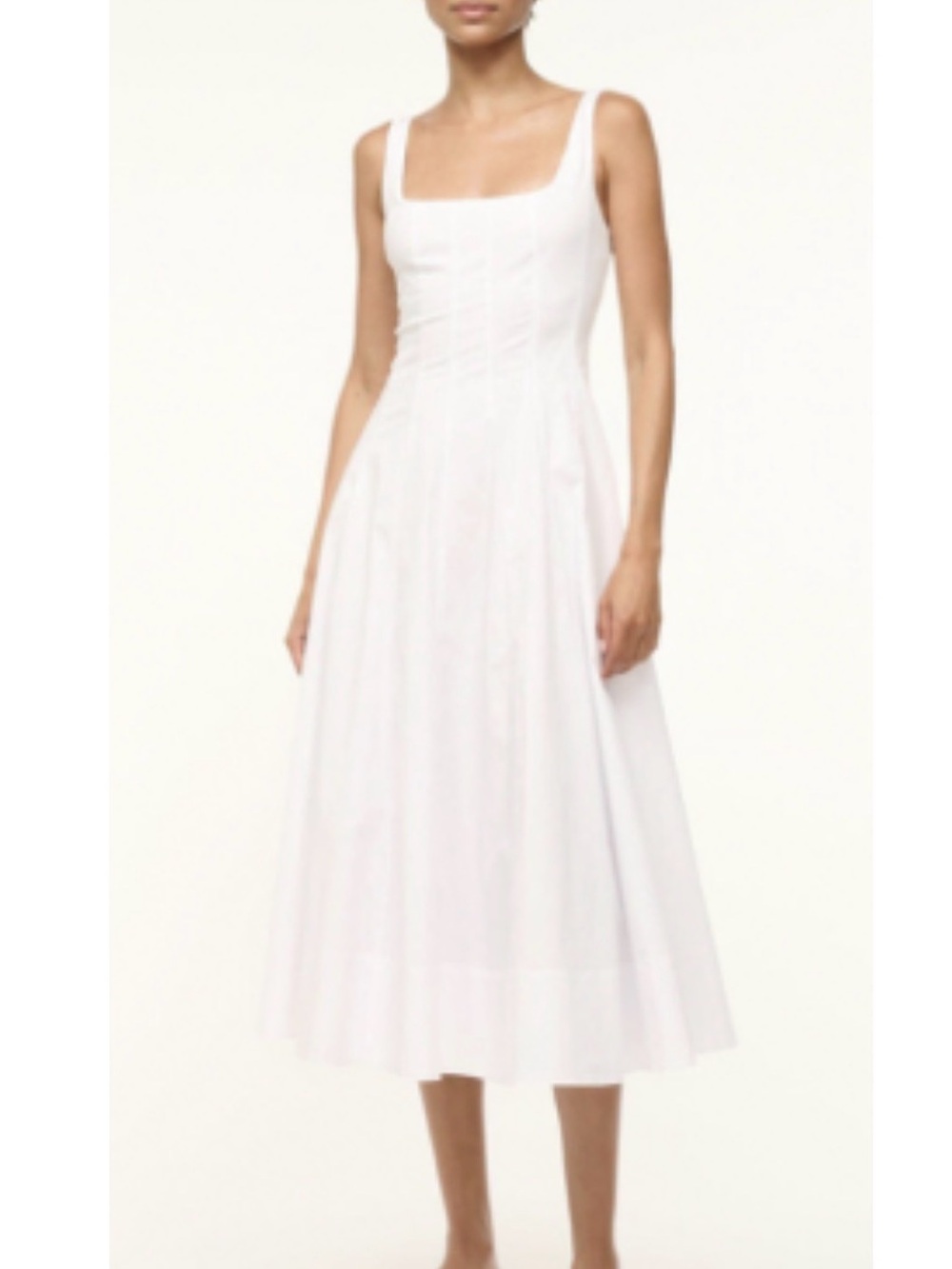 STAUD White Square-Neck Midi Dress with A-Line Skirt